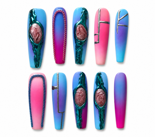 Handmade luxury press-on nails featuring long coffin shape designs with blue, pink, and purple ombré gradients, metallic chrome line art, chain accents, and textured 3D gem-inspired details on a clean white background.