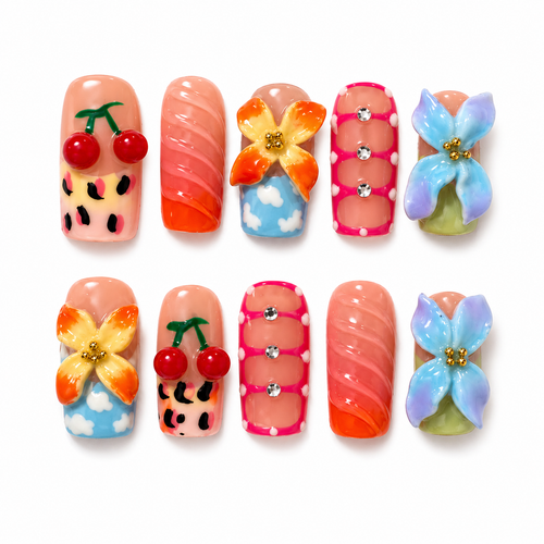 Set of colorful nail art designs on a white background