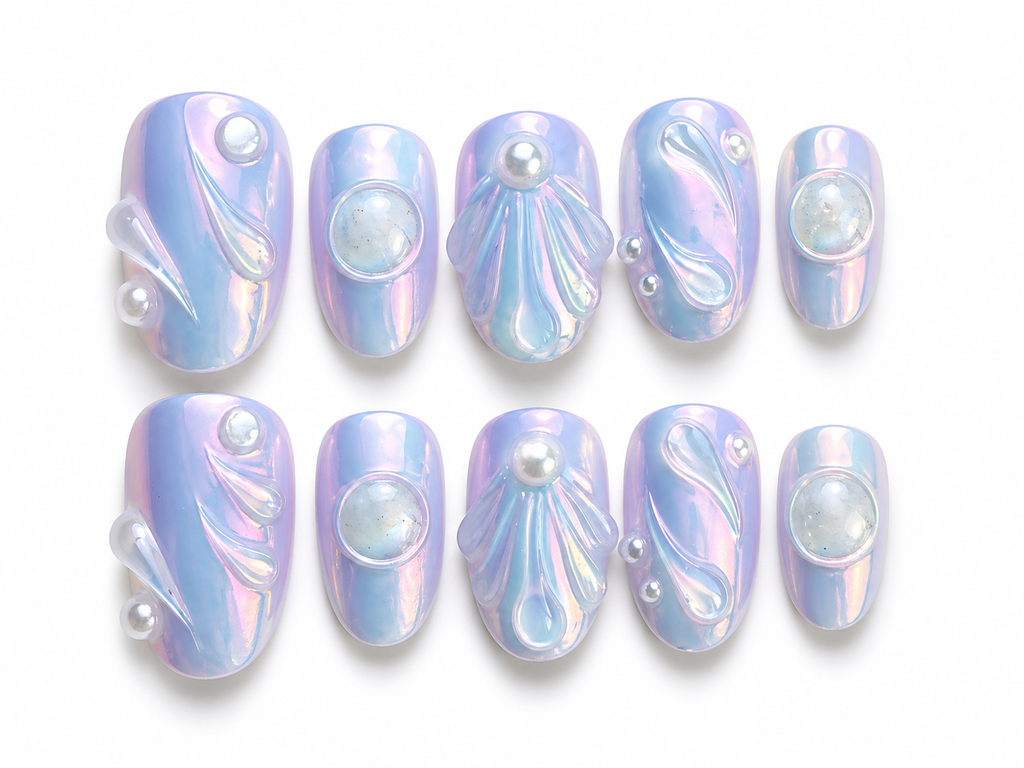Holographic Iridescent Press On Nails | Purple Blue Chrome Pearl Oval | Mermaid Nail Art
