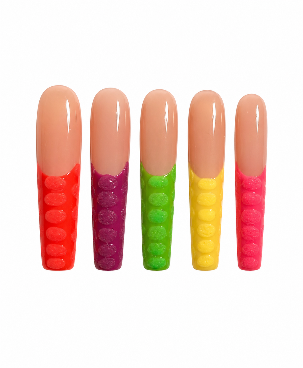 Extra-long coffin press-ons have a nude-to-color ombre base with a textured jelly-bubble lower half in five neon shades.