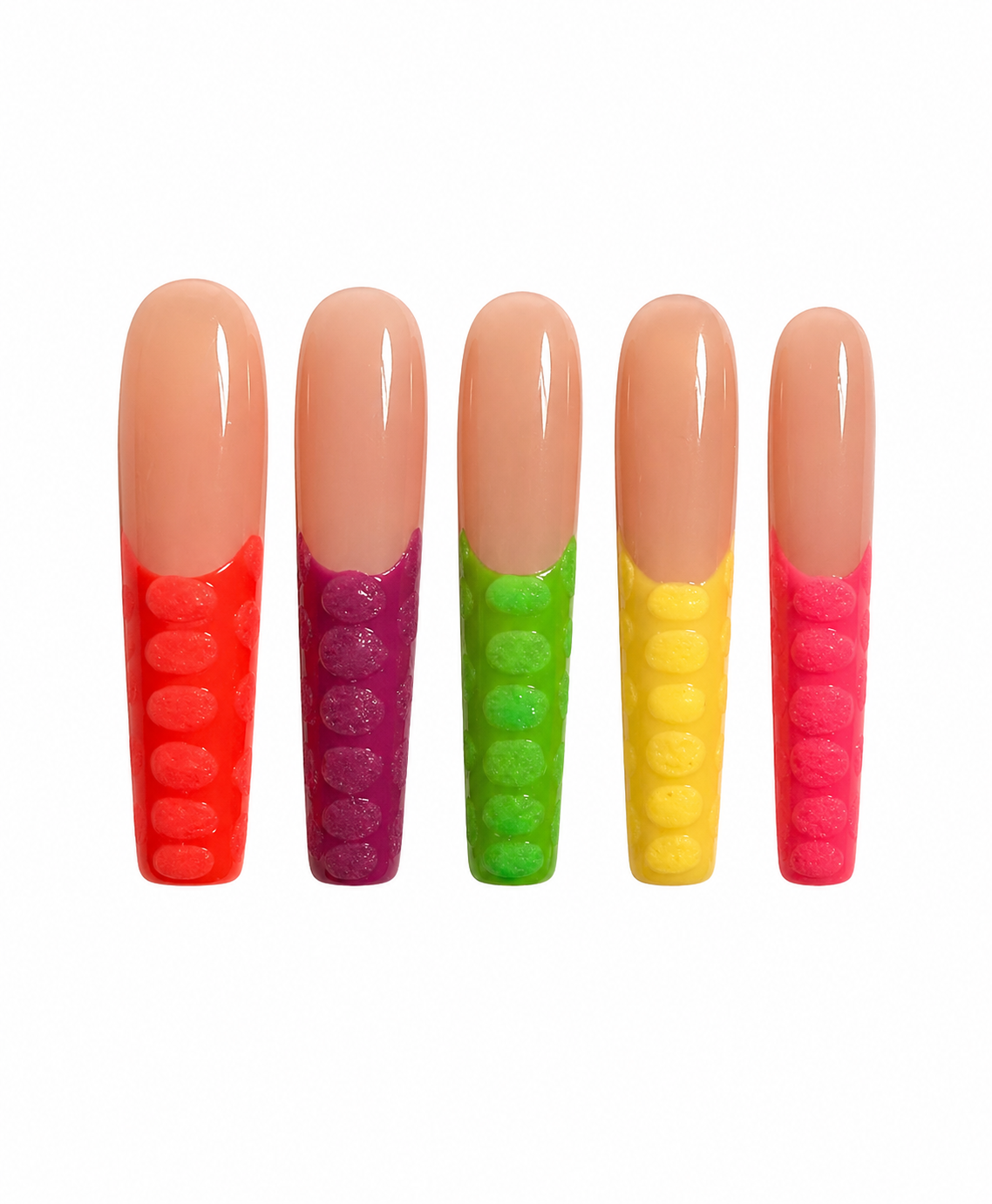 Extra-long coffin press-ons have a nude-to-color ombre base with a textured jelly-bubble lower half in five neon shades.