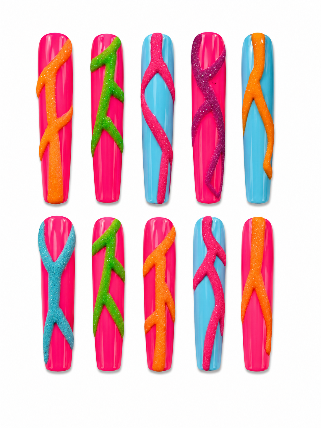 Handmade long square press-on nails featuring neon pink and baby blue glossy designs with raised textured swirl accents in orange, green, pink, and blue for a bold retro-inspired look.
