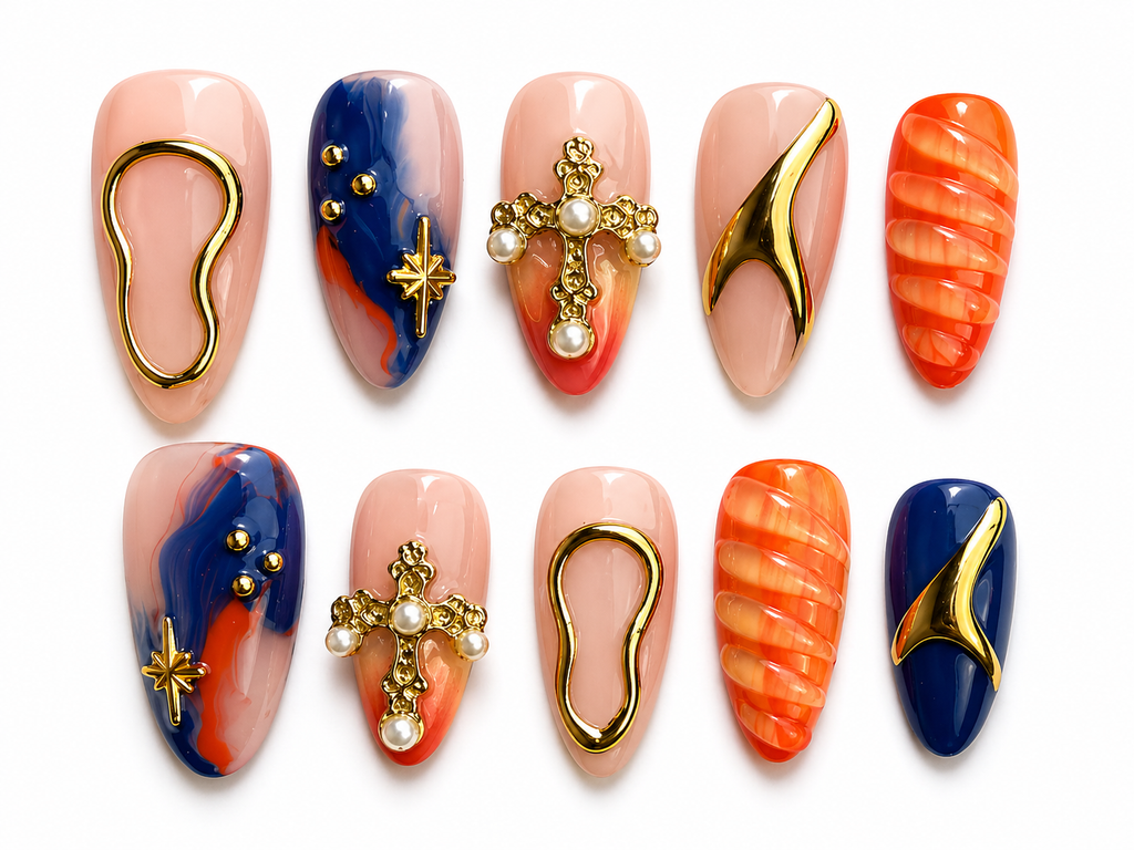 Nude Navy Orange Marble Press On Nails | Gold Charm | Stiletto | Editorial Nail Art Set