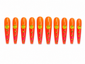 Extra-long coffin press-ons are bold orange-to-red ombre with a yellow smiley face charm on each nail and a trail of gold rhinestones cascading down the length. 