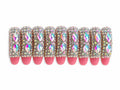 Handmade luxury press-on nails featuring pink matte tips fully covered in iridescent rhinestones and oversized diamond-shaped crystal gems for a glamorous bling nail design on a white background.