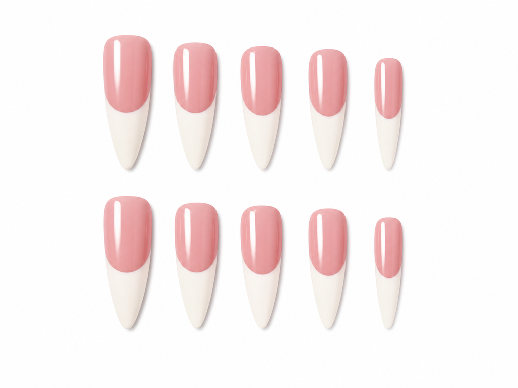 Pink french tip stiletto press on nails on a white background