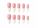 Pink french tip stiletto press on nails on a white background