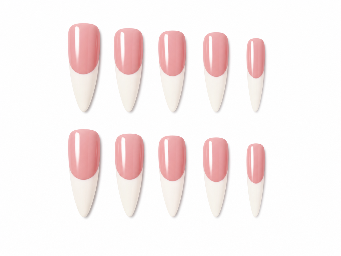 Pink french tip stiletto press on nails on a white background
