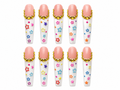 Handmade long coffin press-on nails featuring nude pink and white designs with gold rhinestone cuticle accents, colorful star art, and playful multicolor dot details on a clean white background.