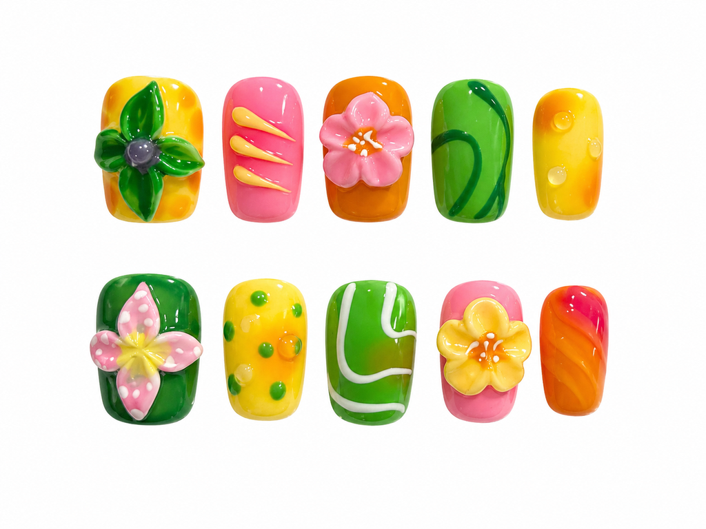 Tropical color press on nails. A full hand of summer
