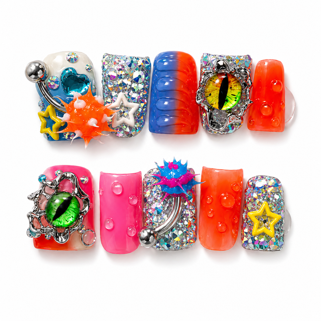 Colorful y2k nail art designs with various decorations on a white background